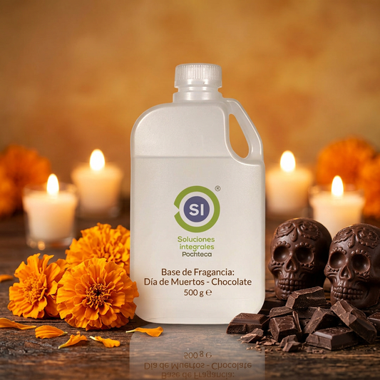 Fragancia / Base Chocolate (veladora) presentada con temática de Día de Muertos, cempasúchil y veladoras