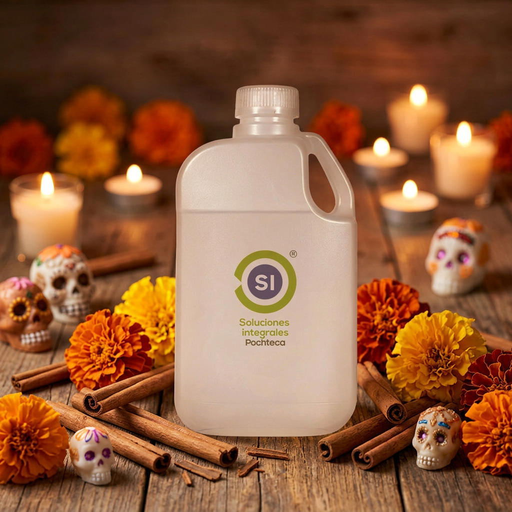 Fragancia / Base Canela Especiada (veladora) presentada con temática de Día de Muertos, cempasúchil, rajas de canela y veladoras